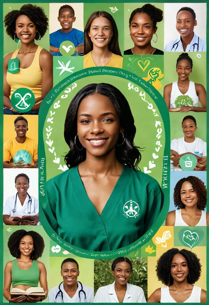 A collage showcasing diverse individuals sharing their survivor stories, surrounded by empowering symbols of hope like green ribbons and hearts. Incorporate resource icons like books, medical symbols, and wellness tools in a bright, uplifting atmosphere filled with sunlight. The background should depict a serene nature scene to symbolize healing and wellbeing. super-realistic. vibrant colors.