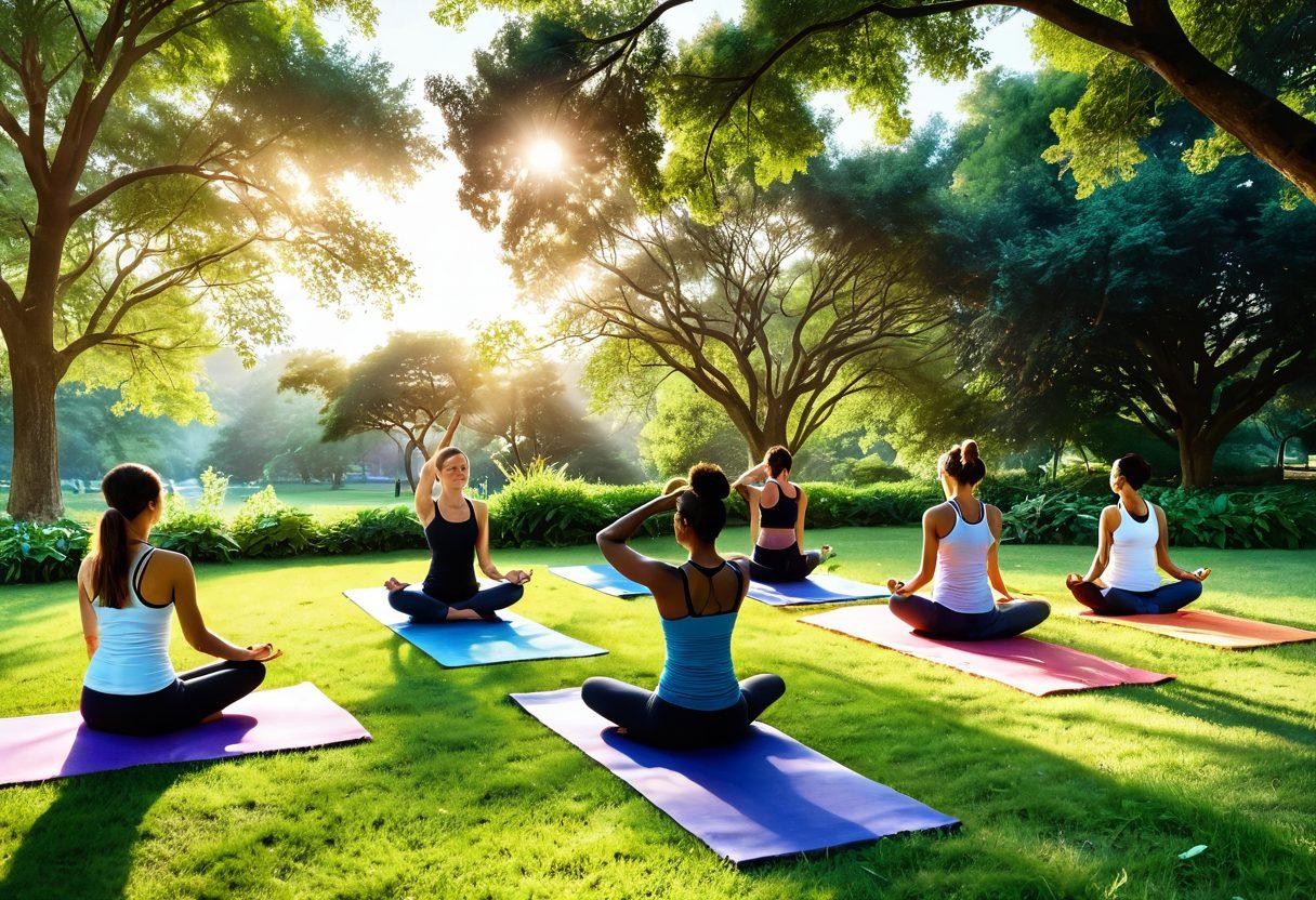 A serene landscape featuring a diverse group of people practicing yoga in a sunlit park, surrounded by lush greenery. Include symbols of holistic health, like fruits, herbs, and meditation elements. Enhance the scene with warm, uplifting colors that evoke a sense of peace and wellness. The image should emphasize connection and transformation through lifestyle changes. vibrant colors. super-realistic.