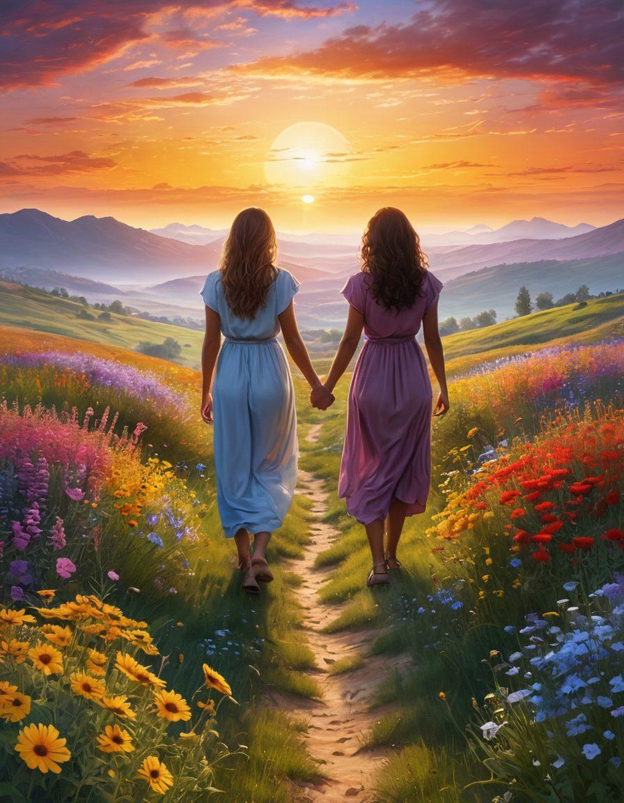 A serene landscape symbolizing hope, featuring a sunrise over a peaceful meadow filled with diverse wildflowers, a path winding through the flowers leading to a horizon of possibility. Silhouettes of diverse people holding hands, symbolizing community support, with inspirational words like 'Hope', 'Strength', and 'Survivor' written in the sky. Soft, uplifting colors to evoke warmth and positivity. super-realistic. vibrant colors. inspirational atmosphere.